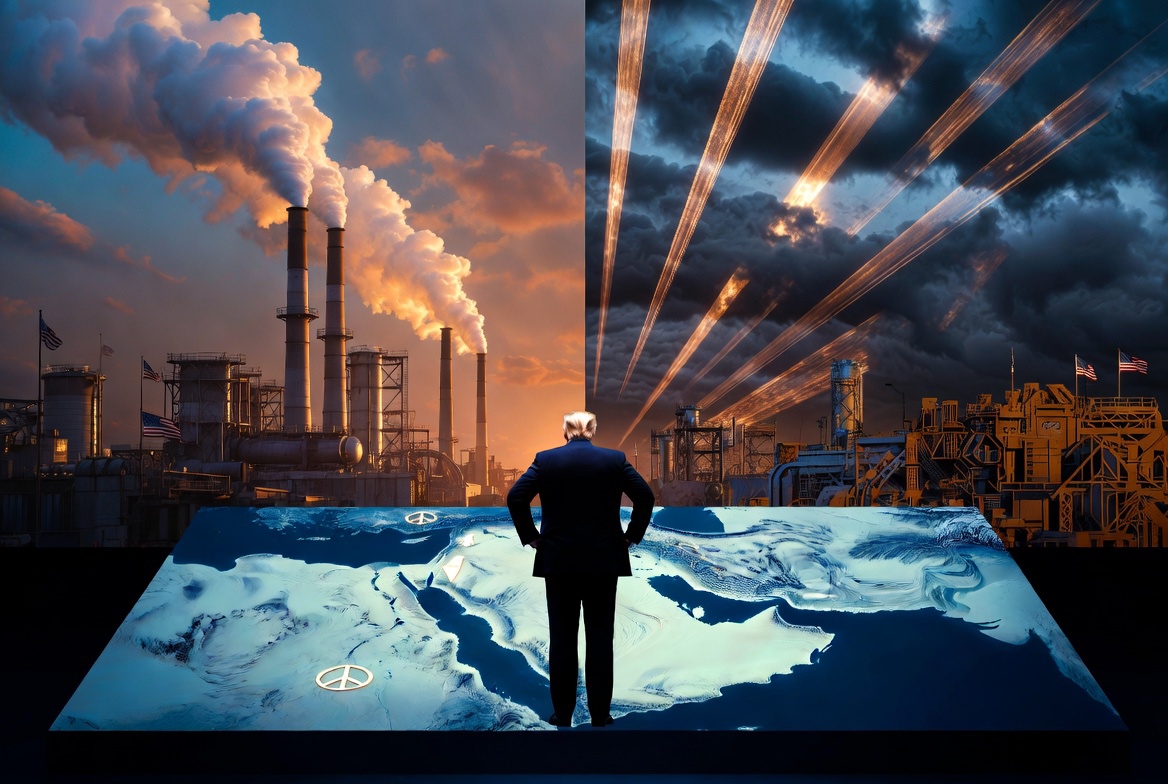 A figure resembling President Trump stands before a split scene of industrial smokestacks and a stormy sky with light breaking through, overlooking an illuminated map of the Middle East marked with peace symbols.